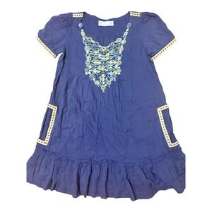 Velvet Embroidered Boho Dress Blue Short‎ Sleeve Ruffle Hem Size S Cottagecore